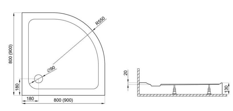 Brodzik półokrągły kompaktowy 90x90 cm Polimat Standard 00841 - rysunek techniczny