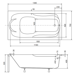 Wanna prostokątna 140x70 cm Besco Bona 140 rys.tech.