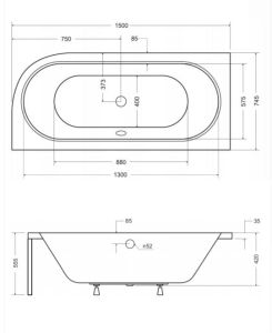Wanna asymetryczna Avita 150x75 cm lewa rysunek techniczny