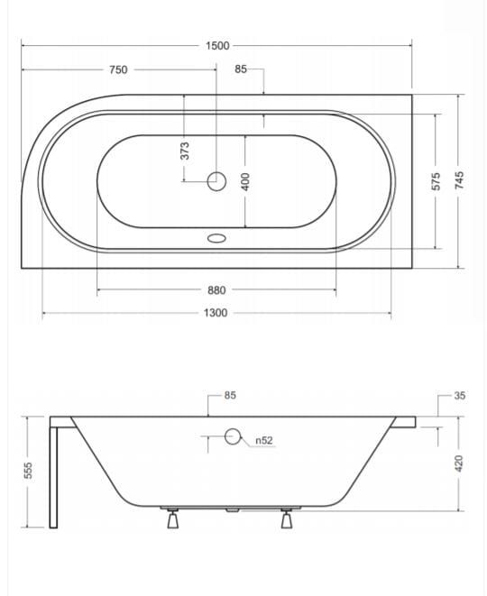 Wanna asymetryczna Avita 150x75 cm lewa rysunek techniczny
