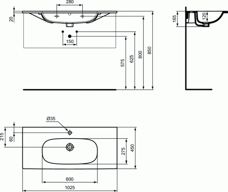 Umywalka meblowa 102x45 cm z powierzchniami bocznymi Ideal Standard Tesi T350801