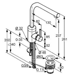 Bateria umywalkowa wysoka z zestawem odpływowym Kludi Bozz 382940576 rysunek techniczny