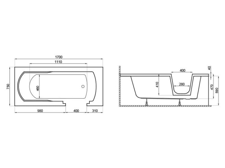 Obudowa BASIC do wanny AVO 170x75 cm Polimat 00890+00891 - rysunek techniczny