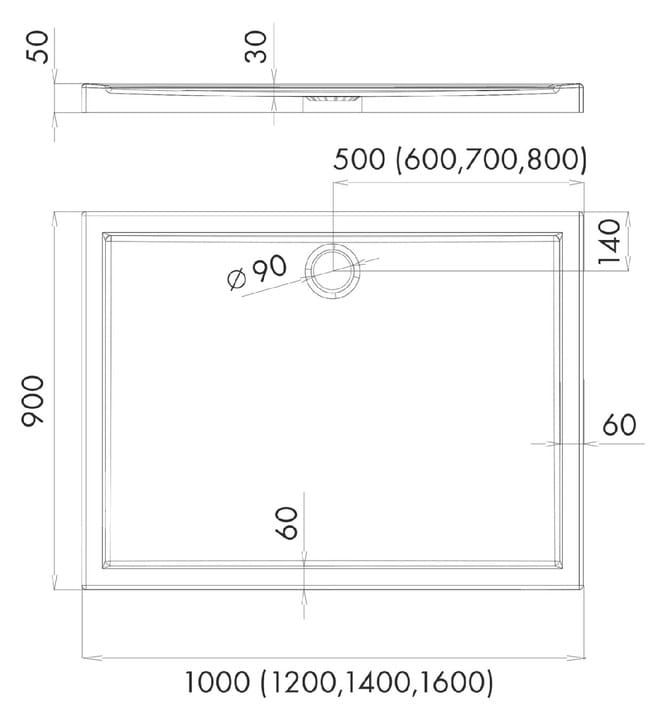 Brodzik prostokątny 90x100x5cm Schedpol Caspar 3.268 rys.tech.