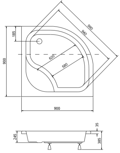 Brodzik półokrągły z siedziskiem 90x90x24 cm Diper I 90 rys. tech.