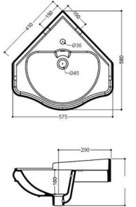 Umywalka narożna 58x57,5 cm Kerasan Retro 103201 biała rys.tech.