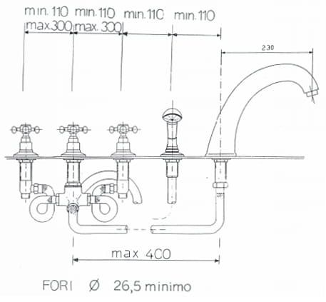 Bateria wannowa 5-otworowa Reitano Atea R331 chrom rysunek techniczny