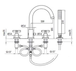 Bateria wannowa 4-otworowa Giulini G3 7665 chrom rys.tech.