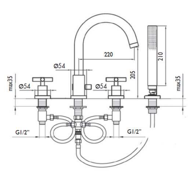 Bateria wannowa 4-otworowa Giulini G3 7665 chrom rys.tech.