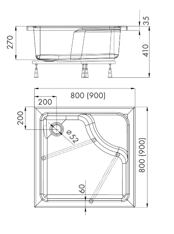 Brodzik kwadratowy 90x90x41 cm Schedpol Doris 2.233 rys.tech.