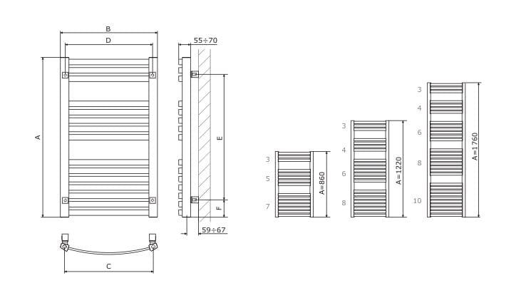 Grzejnik łazienkowy drabinkowy 40x176 cm Terma Dexter 176x40 rysunek techniczny