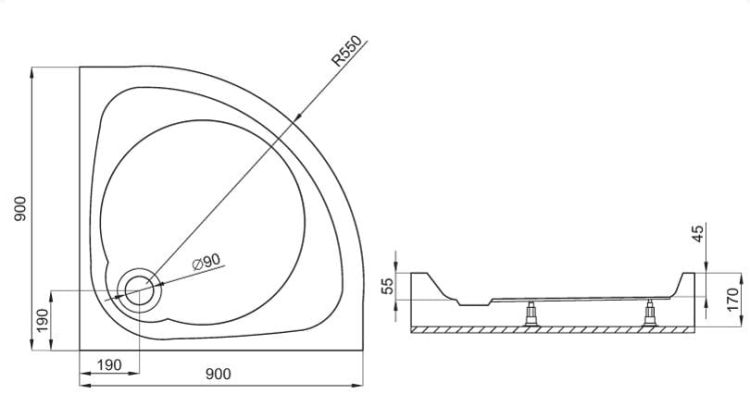 brodzik Nowy styl 90x90 Polimat rys.tech.