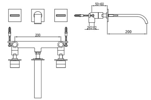 Bateria umywalkowa podtynkowa 3-otworowa Kohlman Axis QW193N chrom rys. tech.