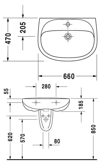 umywalka 66 cm Duraplus Compact Duravit rys.tech.