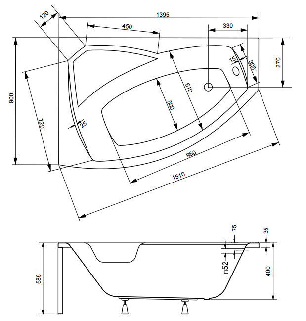 Wanna asymetryczna 150x95 cm Besco Rima 150 lewa