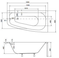 Wanna asymetryczna 150x80 cm Besco Luna 150 prawa rys.tech.