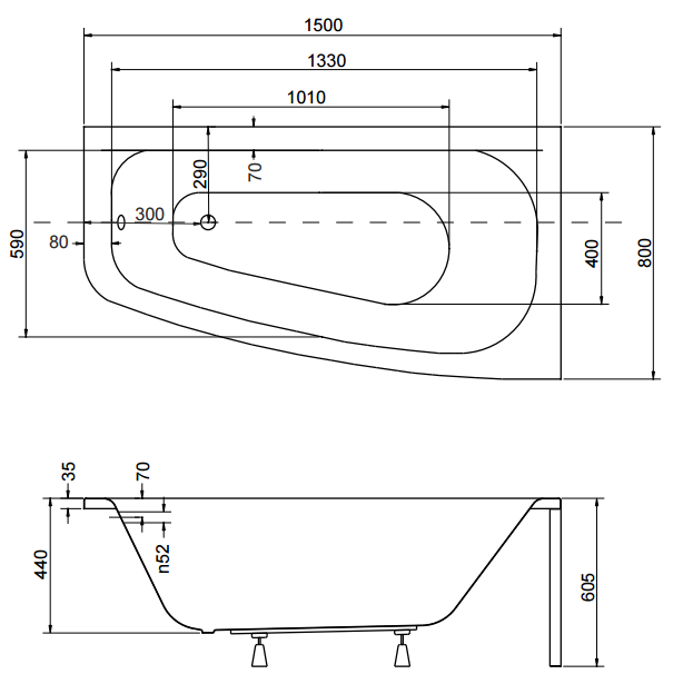 Wanna asymetryczna 150x80 cm Besco Luna 150 prawa rys.tech.