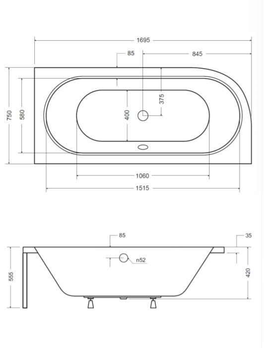 Wanna asymetryczna Avita 170x75 cm prawa rysunek techniczny