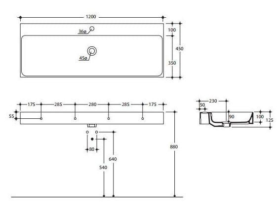 Umywalka podwieszana 120x45 cm Kerasan Cento 353401 rys. tech.