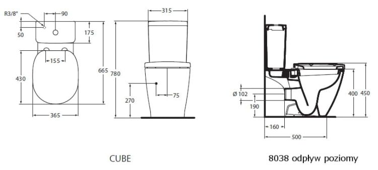 Kompakt WC Cube z deską wolnoopadającą, odpływ poziomy Ideal Standard Connect Arc E803601+E797001+E712701 rysunek techniczny