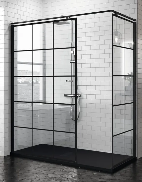 Kabina prysznicowa walk-in czarny mat Novellini Kuadra H Squares KUADH8081Hx2+KUADHSFN-H