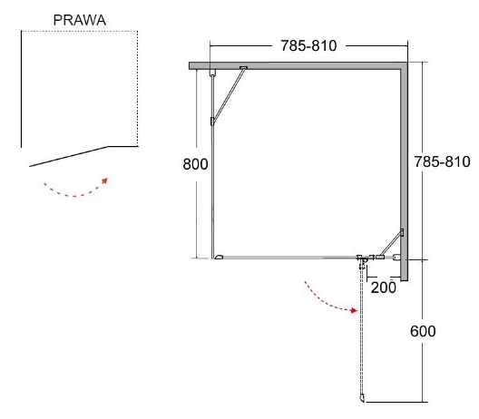 Kabina prysznicowa kwadratowa 90x90x195 cm Besco Viva 90P/L rys. tech.