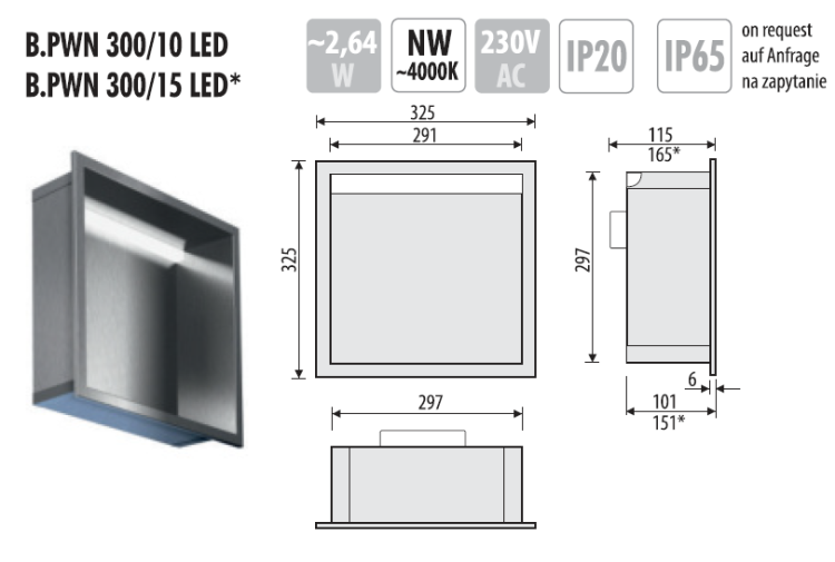 Półka łazienkowa wnękowa do zabudowy 32,5x32,5x10 cm ze stali nierdzewnej z oświetleniem LED kołnierz typu Bend MCJ B.PWN LED 300/10