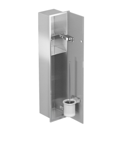 Przejdź do produktu Schowek podtynkowy WC do szczotki i papieru toaletowego, do zabudowy w ścianie 18x82,5x15 cm kołnierz typu Flat MCJ stal nierdzewna białe szkło F.PWAD WC 800