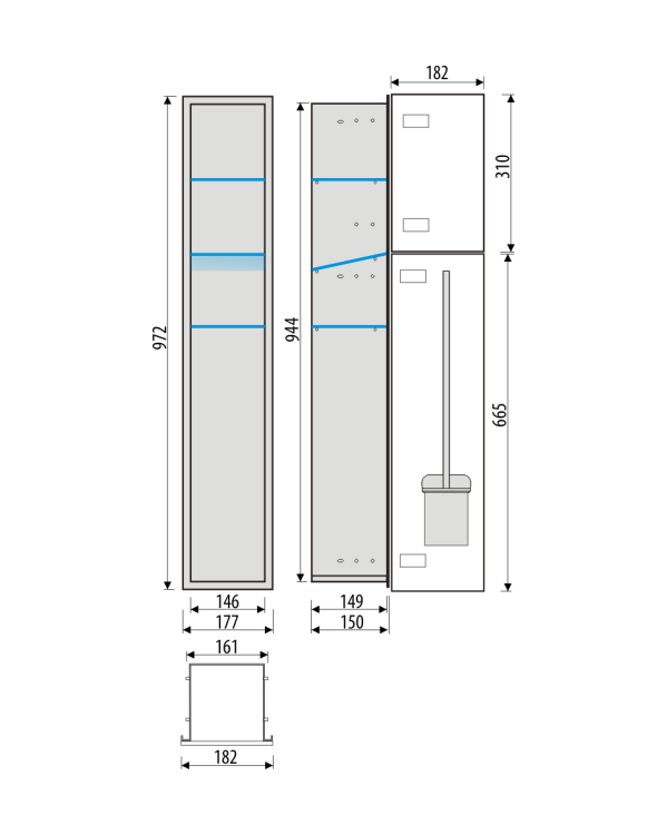 Schowek do szczotki i papieru toaletowego do zabudowy 18x97,2x15 cm kołnierz typu Flat MCJ stal nierdzewna biały szkło białe F.PW2D WC 950