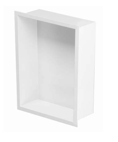 Przejdź do produktu Półka łazienkowa wnękowa do zabudowy 23,3x32,3x10 cm ze stali nierdzewnej lakierowanej kolor biały kołnierz typu Flat MCJ F.PWN LWH 200/10 