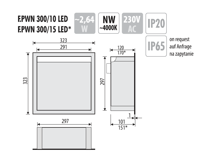 Półka łazienkowa wnękowa do zabudowy 32,3x32,3x10 cm ze stali nierdzewnej z oświetleniem LED, kołnierz typu Flat MCJ F.PWN 300/10 LED