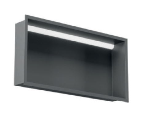 Półka łazienkowa wnękowa do zabudowy 32,3x32,3x10 cm ze stali nierdzewnej lakierowanej w kolorze szarym z oświetleniem LED, kołnierz typu Flat MCJ F.PWN LGR 300/10 LED - rysunek poglądowy