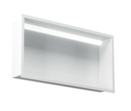 Przejdź do produktu Półka łazienkowa wnękowa do zabudowy 32,3x32,3x10 cm ze stali nierdzewnej lakierowanej w kolorze białym z oświetleniem LED, kołnierz typu Flat MCJ F.PWN LWH 300/10 LED