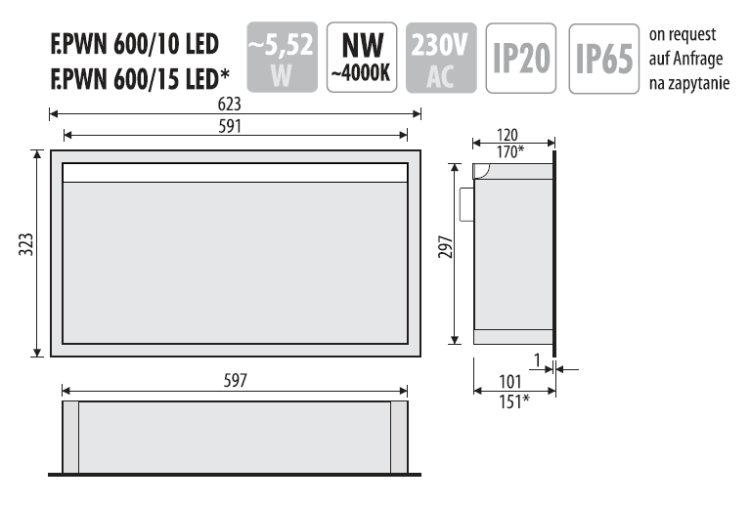 Półka łazienkowa wnękowa do zabudowy 62,3x32,3x10 cm ze stali nierdzewnej lakierowanej w kolorze białym z oświetleniem LED, kołnierz typu Flat MCJ F.PWN LWH 600/10 LED