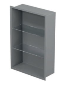 Półka łazienkowa wnękowa do zabudowy 32,5x62,3x10 cm ze stali nierdzewnej lakierowanej na kolor szary ze szklanymi półkami kołnierz typu Flat MCJ F.PWNP LGR 600/10 - rysunek poglądowy