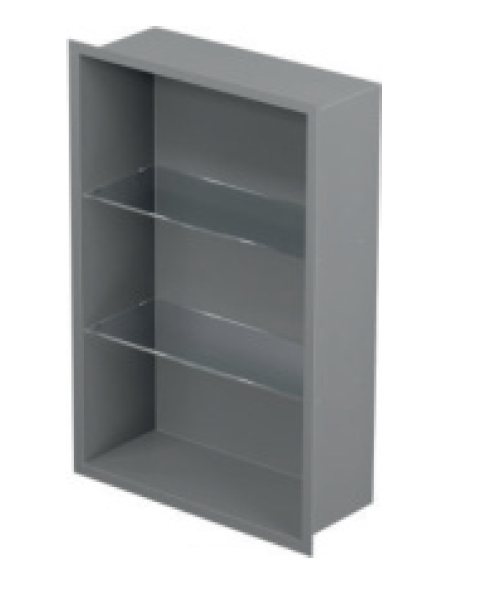 Półka łazienkowa wnękowa do zabudowy 32,5x62,3x10 cm ze stali nierdzewnej lakierowanej na kolor szary ze szklanymi półkami kołnierz typu Flat MCJ F.PWNP LGR 600/10 - rysunek poglądowy
