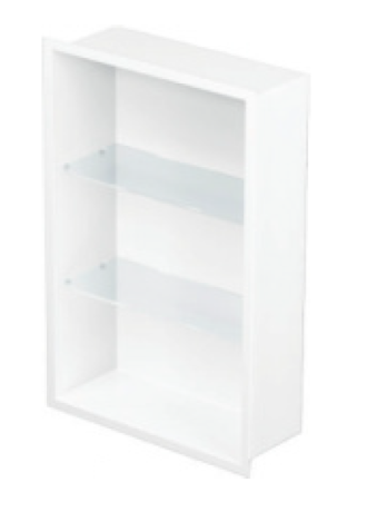 Przejdź do produktu Półka łazienkowa wnękowa do zabudowy 32,5x62,3x10 cm ze stali nierdzewnej lakierowanej na kolor biały ze szklanymi półkami kołnierz typu Flat MCJ F.PWNP LWH 600/10