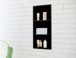 Półka łazienkowa wnękowa do zabudowy 32,5x62,3x10 cm ze stali nierdzewnej lakierowanej na kolor czarny ze szklanymi półkami kołnierz typu Flat MCJ F.PWNP LBL 600/10 - rysunek poglądowy