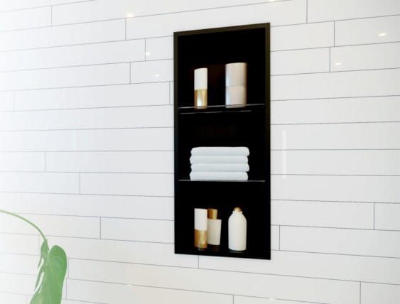 Półka łazienkowa wnękowa do zabudowy 32,5x62,3x10 cm ze stali nierdzewnej lakierowanej na kolor czarny ze szklanymi półkami kołnierz typu Flat MCJ F.PWNP LBL 600/10 - rysunek poglądowy