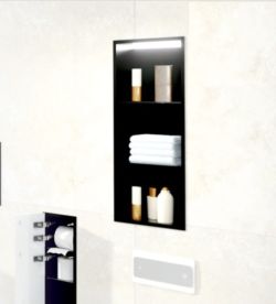 Półka łazienkowa wnękowa do zabudowy 32,5x59,7x15 cm ze stali nierdzewnej lakierowanej w kolorze czarnym z oświetleniem LED kołnierz typu Flat MCJ F.PWNP LED LBL 600/15