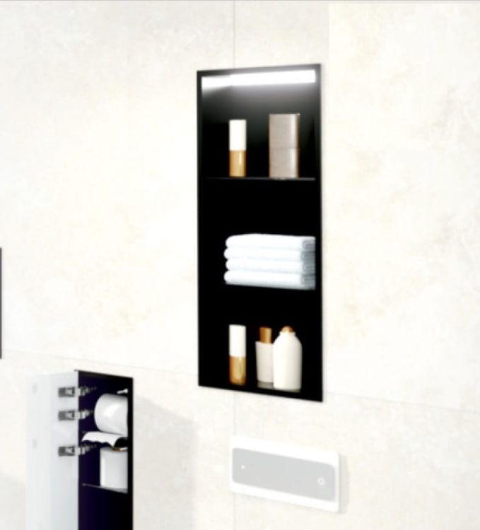 Półka łazienkowa wnękowa do zabudowy 32,5x59,7x15 cm ze stali nierdzewnej lakierowanej w kolorze czarnym z oświetleniem LED kołnierz typu Flat MCJ F.PWNP LED LBL 600/15