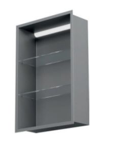 Półka łazienkowa wnękowa do zabudowy 32,5x59,7x15 cm ze stali nierdzewnej lakierowanej w kolorze szarym z oświetleniem LED kołnierz typu Flat MCJ F.PWNP LED LGR 600/15