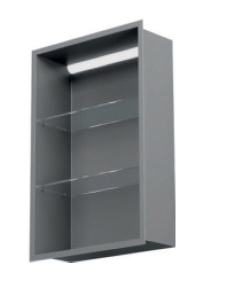 Półka łazienkowa wnękowa do zabudowy 32,5x59,7x15 cm ze stali nierdzewnej lakierowanej w kolorze szarym z oświetleniem LED kołnierz typu Flat MCJ F.PWNP LED LGR 600/15