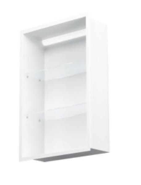 Półka łazienkowa wnękowa do zabudowy 32,5x59,7x15 cm ze stali nierdzewnej lakierowanej w kolorze białym z oświetleniem LED kołnierz typu Flat MCJ F.PWNP LED LWH 600/15