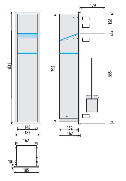 Schowek do szczotki i papieru toaletowego do zabudowy 18,5x83,1x16,2 cm kołnierz typu Zero MCJ stal nierdzewna lakierowana na kolor biały szkło białe Z.PW2D WC LWH 800