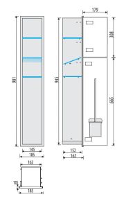 Schowek do szczotki i papieru toaletowego do zabudowy 18,5x98,1x16,2 cm kołnierz typu Zero MCJ stal nierdzewna lakierowana na kolor biały szkło białe Z.PW2D WC LWH 950