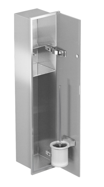 Schowek do szczotki i papieru toaletowego do zabudowy 18x82,5x15 cm kołnierz typu Zero stal nierdzewna szkło białe MCJ Z.PWAD WC 800