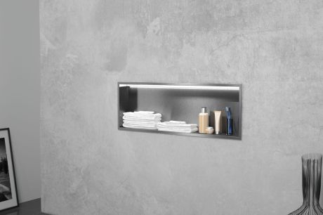 Przejdź do produktu Półka łazienkowa wnękowa do zabudowy 62,5x32,5x10 cm ze stali nierdzewnej z oświetleniem LED MCJ B.PWN LED 600/10