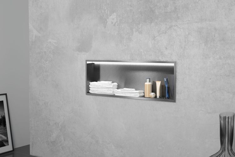 Półka łazienkowa wnękowa do zabudowy 62,5x32,5x10 cm ze stali nierdzewnej z oświetleniem LED MCJ B.PWN LED 600/10
