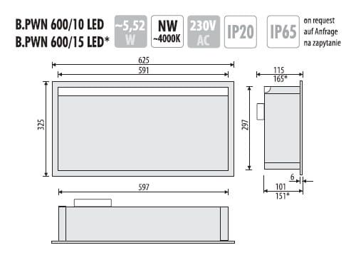 Półka łazienkowa wnękowa do zabudowy 62,5x32,5x10 cm ze stali nierdzewnej z oświetleniem LED MCJ B.PWN LED 600/10